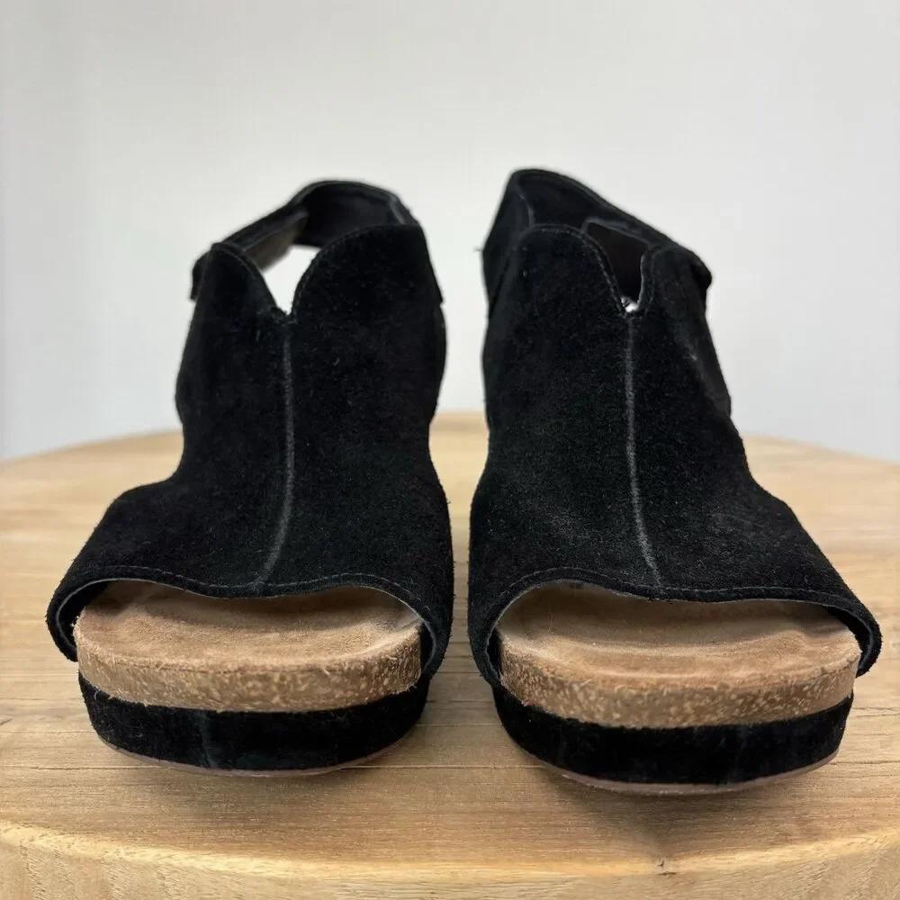 Sofft Leather Suede Wedge Sandals Black 9 Open Toe Capsule Comfort Casual Chloee